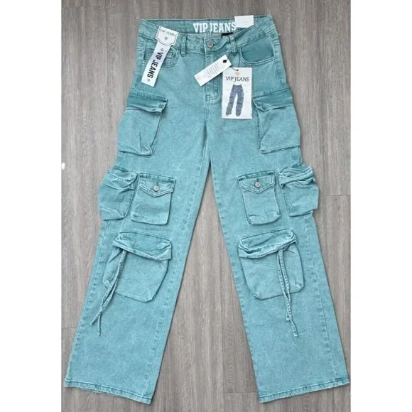 VIP Jeans Teal Green Cargo Straight Leg Size 9 29W - Picture 2 of 14